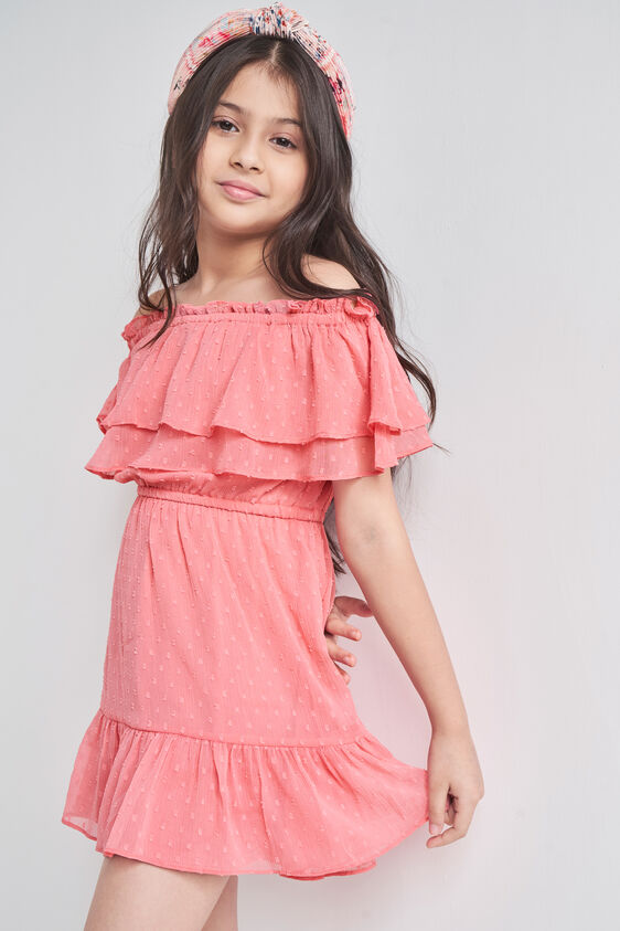 Coral Solid Flounce Dress, Coral, image 2